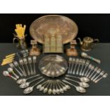 Plated Ware - a pair of Sheffield plated boudoir candlesticks; a six bottle condiment stand; an oval