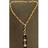 A late 19th century 9ct gold fancy link necklace chain, with 9ct rose gold mounted polished green