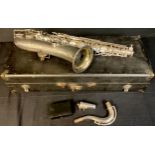 An early 20th century Hawkes & Son silver plated saxophone, cased