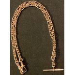 A 9ct rose gold fancy link Albert chain with T-bar and pair of fastening loops, marked 375, 27.5g