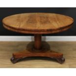 A William IV rosewood centre table, circular tilting top, tapered cylindrical column, incurve