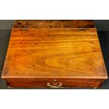 A mid 19th century mahogany table top writing slope, hinged writing surface above a single drawer