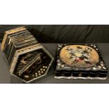 A piano accordion, retailer's label for Edgar Horne, Derby & Burton; a Victorian papier mache work