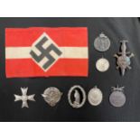 Reproduction Third Reich printed Hitler Youth Armband and reproduction Third Reich medals to include