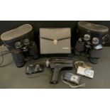 A set of Miranda 10 x 50 binoculars, cased; Prinz 10 x 50 binoculars; cases; Fiji film camera; etc