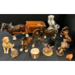 A Beswick model Rearing Horse, No 1014, brown gloss; others Shire horse with cart, foals,