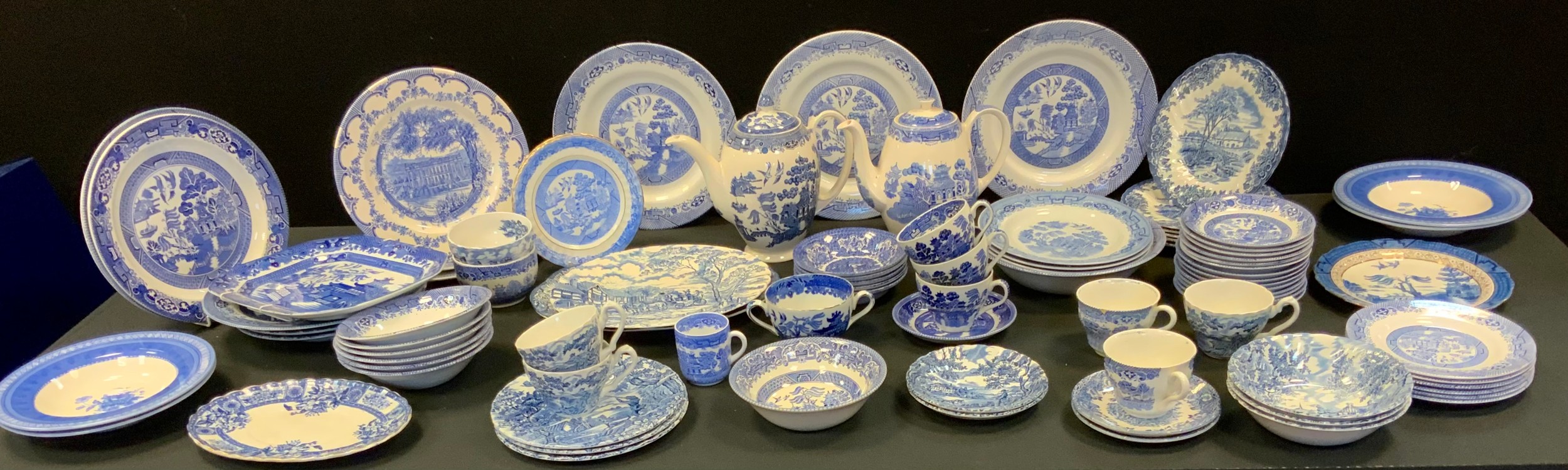Blue and White - Willow pattern tea and dinner ware; Churchill Out of the Blue bowls; etc