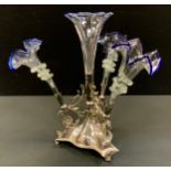 An E.P.N.S. mounted epergne, with four clear glass trumpets, each with clear glass printee