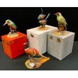 A Royal Crown Derby Bird model, Fairy Wren, white box; others Green Woodpecker, grey box;