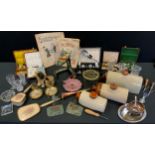 Stoneware hot water bottles; glassware; flatware; dressing table sets; cold painted metal stag spill