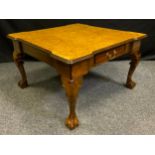 A 19th century style mahogany and burr walnut centre / coffee table, shaped square top, cabriole