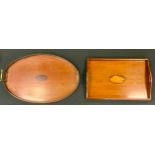 An Edwardian inlaid oval tray, central oval cartouche, brass handles, 55cm long, 36cm wide;