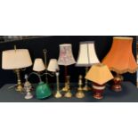 Lighting - a brass three light table lamp; others two branch, adjustable, neoclassical etc (11)