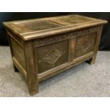 A late 18th century oak two panel blanket chest, 64cm tall x 110cm wide x 55cm deep.