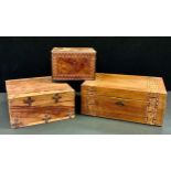 A 19th century rectangular walnut and tunbridge inlaid tea caddy, hinge cover, two section interior,