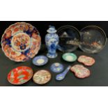 A Chinese baluster vase and cover, Kangxi marks, but later; Japanese Imari plate; etc