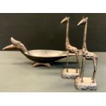 Tribal Art - an African carved bowl, as a Rhinoceros Hornbill bird, 57cm long; a pair of Giraffes,