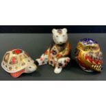 A Royal Crown Derby paperweight, Imari Honey bear, gold stopper; Little Owl; Tortoise (second)