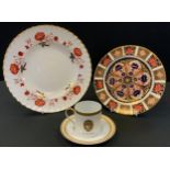 A Royal Crown Derby 1128 pattern dessert plate; an Bali dinner plate; a Limoges Faberge coffee cup