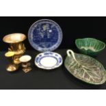 Ceramics - Commemorative Bells whisky bottles; Portuguese cabbage leaf dishes; Royal Winton gilt