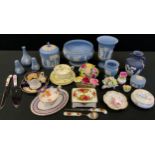 Wedgwood Blue Jasper ware, vases, pedestal bowl, Portland vase; flower poises; Royal Albert Old