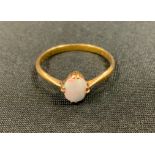 An opal solitaire ring, oval opal flashing red, violet, Green colour play, 22ct gold shank, size