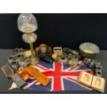 Pewter mugs; oil lamp; Victorian photograph album; Praktica BC1 camera; Union Jack