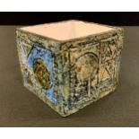 A Troika square vase, incised and in relief with geometrical motifs, 8cm high, monogrammed for Linda