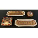 Two Royal Crown Derby 1128 canted rectangular trinket trays (seconds); a circular trinket box and