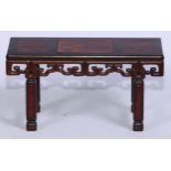 A Chinese burl and hardwood miniature altar table, panelled top above a deep frieze pierced and