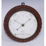 A Victorian oak aneroid barometer, 19cm enamel dial, horizontal Farenheit/Centigrade mercury