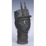 Tribal Art - a Benin bronze, cast as the head of an Oba or figure of the court, 39cm high, Nigeria