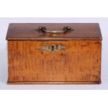 A George III vernacular fruitwood rectangular tea caddy, hinged cover with brass swan neck handle,