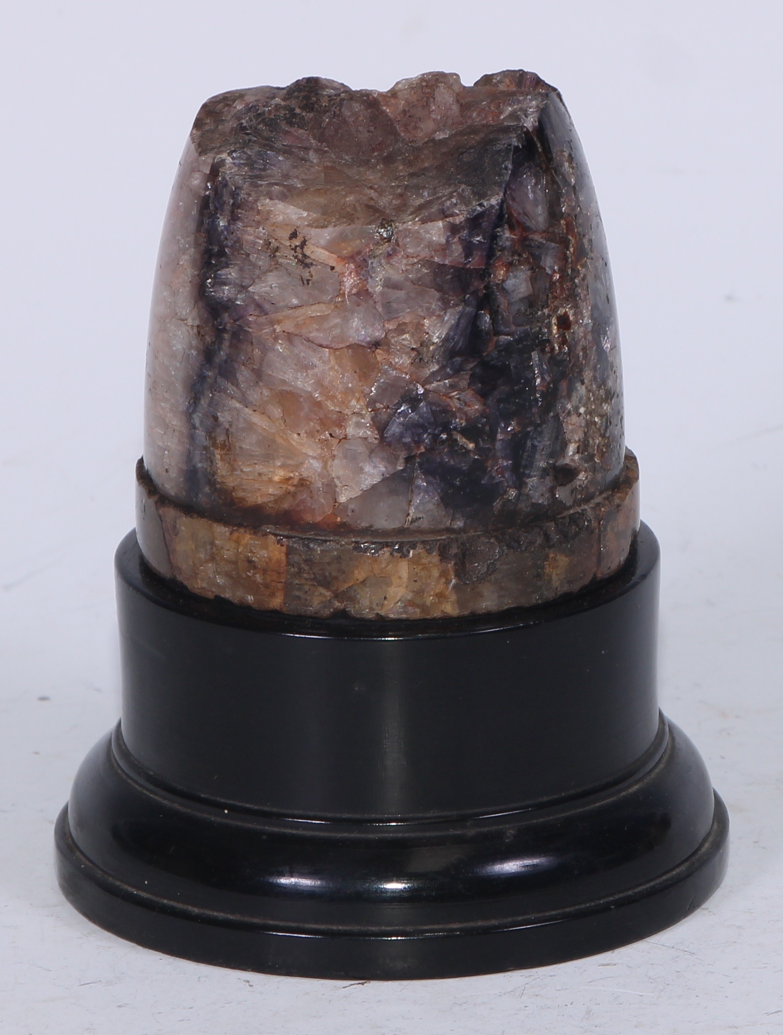 A Derbyshire Blue John section, mounted for display as a desk weight, ebonised plinth, 12cm high - Image 2 of 4