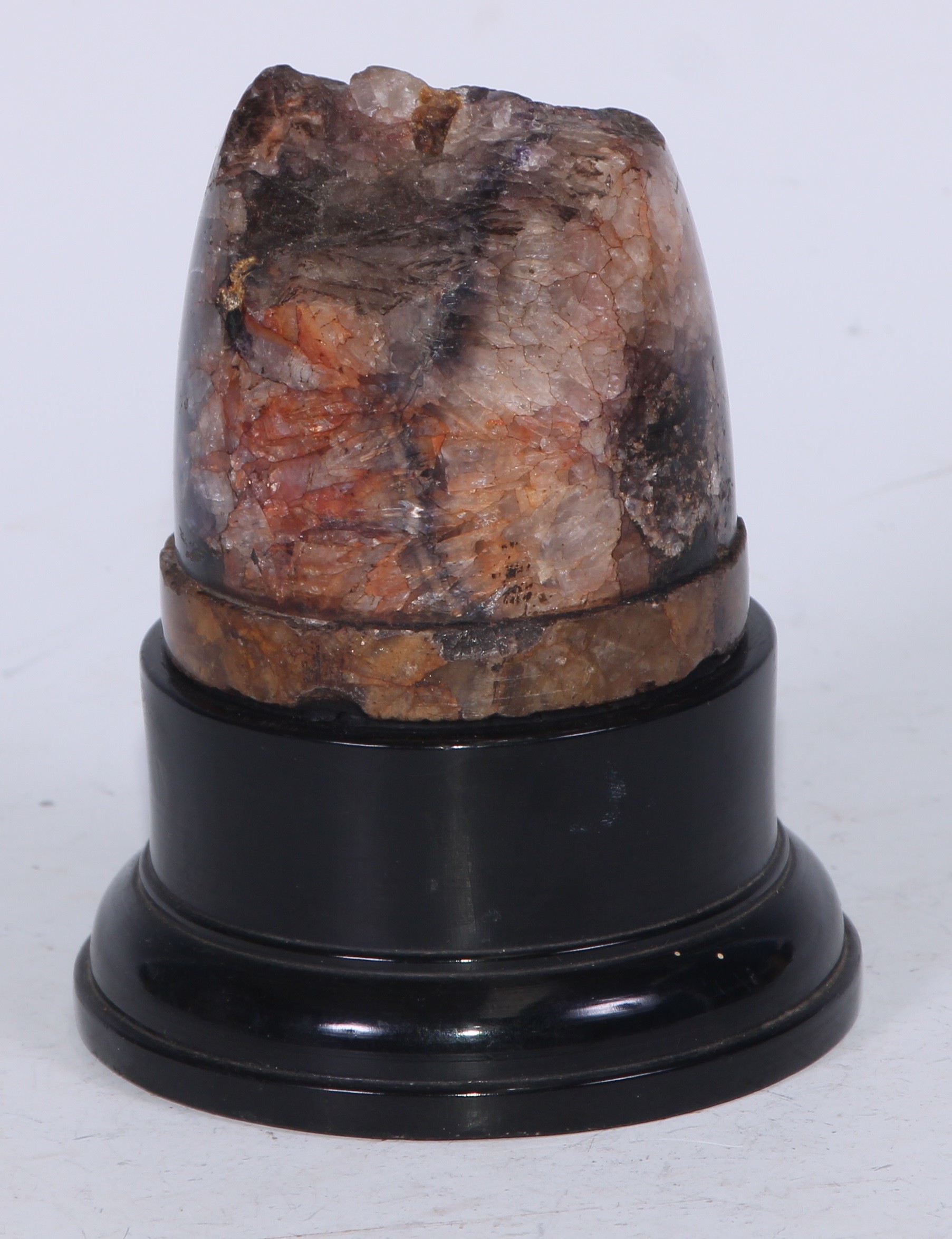A Derbyshire Blue John section, mounted for display as a desk weight, ebonised plinth, 12cm high - Image 4 of 4