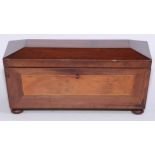 A 19th century Irish yew and arbutus wood sarcophagus tea caddy, hinged cover enclosing a pair of