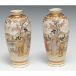 A pair of Japanese satsuma ovoid vases, painted with Geisha and young attendants, 17cm high, gilt