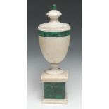 A Neoclassical style malachite and white marble urn, knop finial, square base, 40cm high