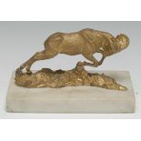 French School, a gilt bronze, of a ram, charging powerfully, rectangular white marble base, 15cm