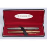 Pens - a sterling silver Parker fountain pen, 14ct gold nib, 13cm long; another, gld plated (2)