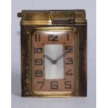 A French Art Deco combination table cigarette lighter and travelling timepiece, the 5cm rounded