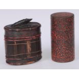 An unusual 19th century toleware chinoiserie cylindrical tea caddy, in imitation of Chinese cinnabar
