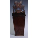 A George III mahogany candle box, shaped and pierced cresting, hinged sloping cover, 48cm high, c.