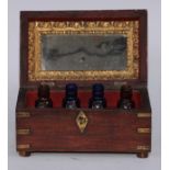 An Indian hardwood and brass marquetry apothecary medicine or cosmetics box, hinged cover with