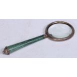 A Continental silver coloured metal connoisseur's lens or magnifying glass, shagreen haft, 16cm long