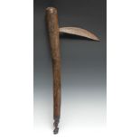 Tribal Art - a Luba axe, crescent blade, club shaped haft with figural terminal, 60cm long,