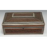 An Indian sandalwood and sadeli marquetry sarcophagus work box, hinged cover enclosing a lift-out