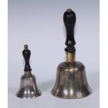 A 19th century hand bell, turned ebonised handle, 26cm long; another, smaller, silver plated (2)