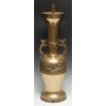 A large Chinese bronze vase, cast in the Archaic taste with taotie, dragon handles, fitted as a