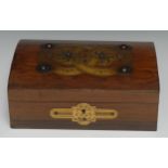A Victorian brass mounted walnut domed rectangular box, hinged cover applied with engraved cut-